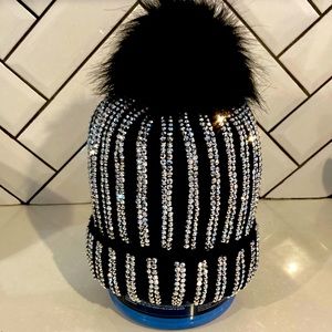 Black with Silver Rhinestone, Pom beanie hat